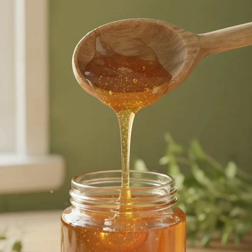 Raw honey dripping from a wooden spoon