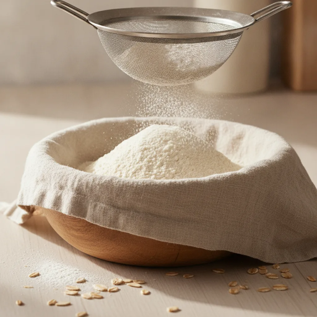 Soft oat flour in a linen-lined bowl