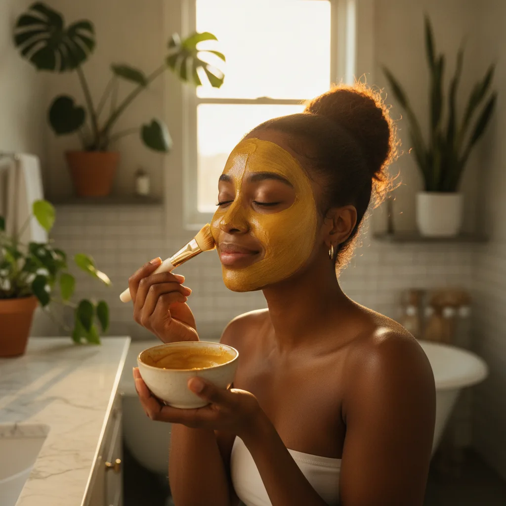Woman applying a honey and turmeric mask, glowing skin