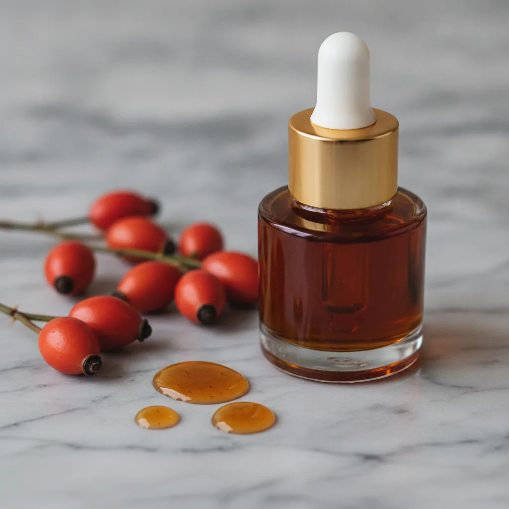 Small glass jar of DIY serum with rosehip oil